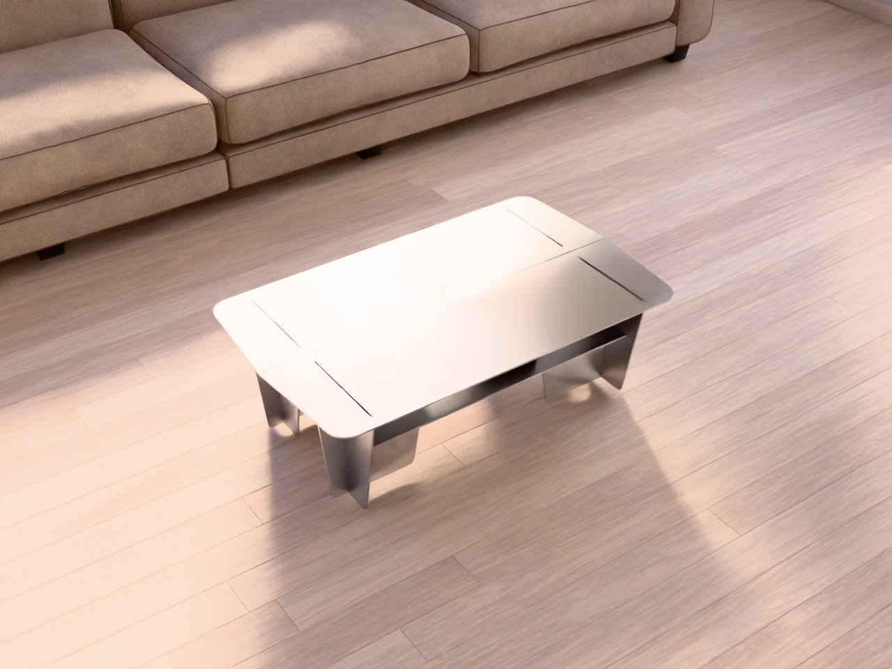 Coffee table placed in an industrial loft living room, in front of the sofa